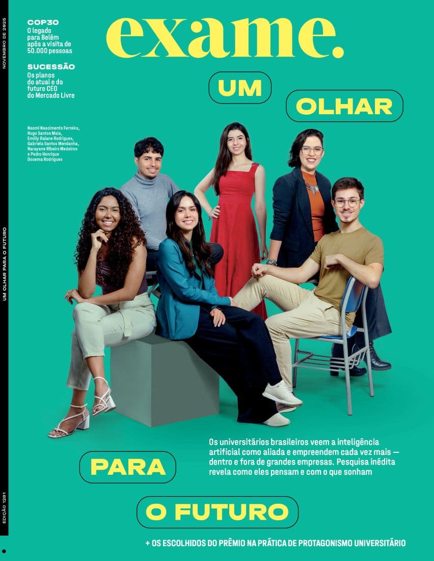 A imagem mostra a capa da revista Exame, edição de 27 de novembro de 2025, que é ilustrada pelos vencedores do Prêmio Na Prática.
